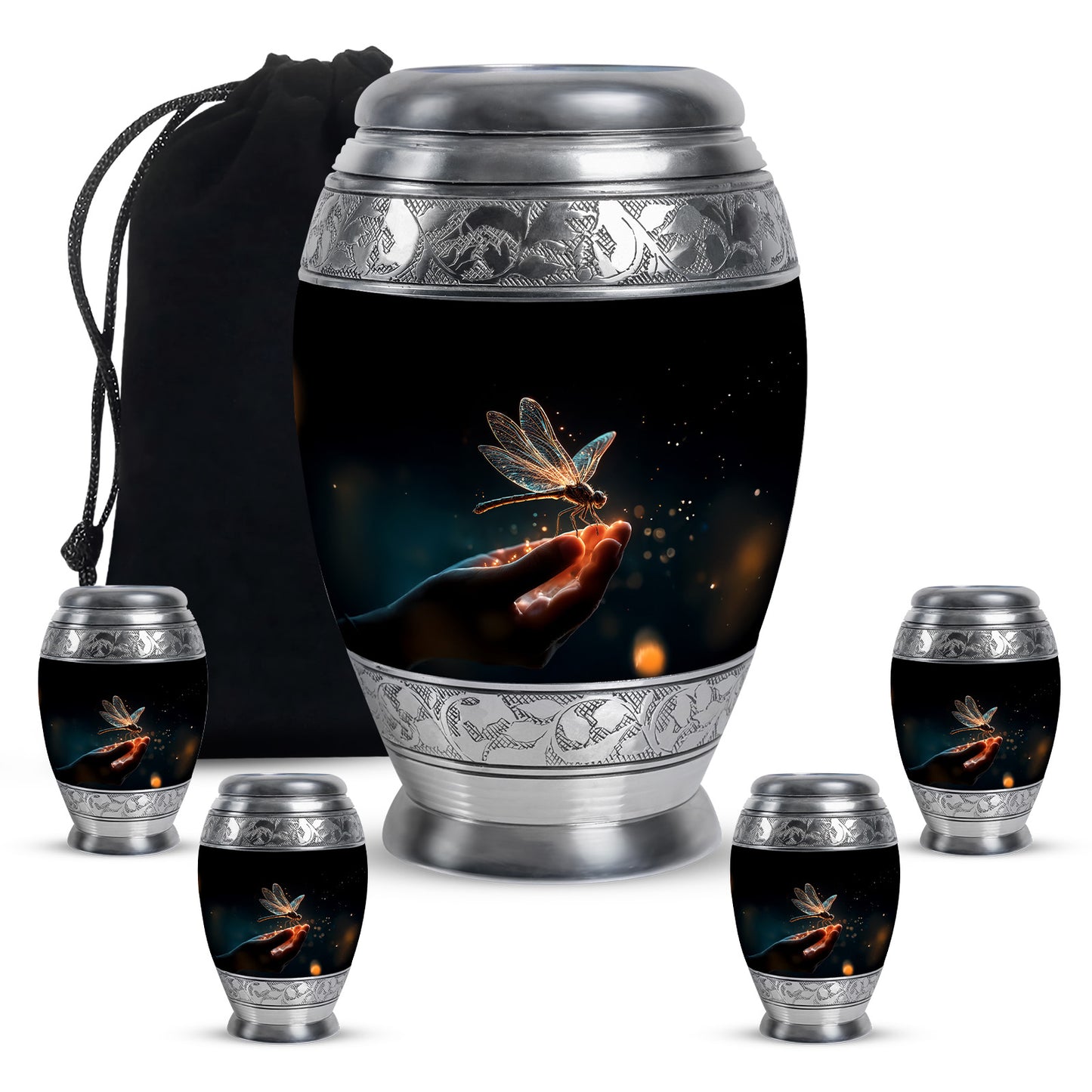 Charcoal Black Dragonfly Cremation Urn detail view - royal dragonfly engraving with decorative scrollwork - memorial set with one large and four small urns