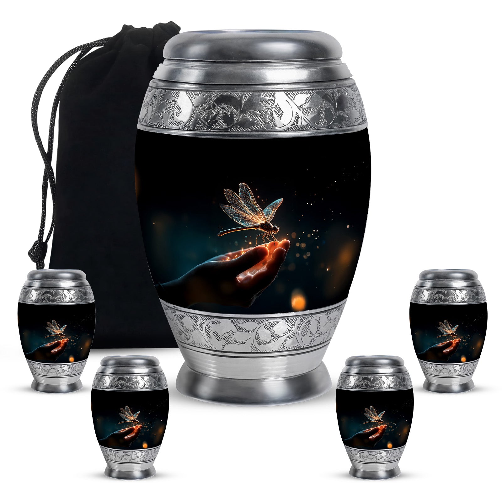Charcoal Black Dragonfly Cremation Urn detail view - royal dragonfly engraving with decorative scrollwork - memorial set with one large and four small urns