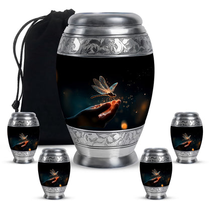 Charcoal Black Dragonfly Cremation Urn detail view - royal dragonfly engraving with decorative scrollwork - memorial set with one large and four small urns