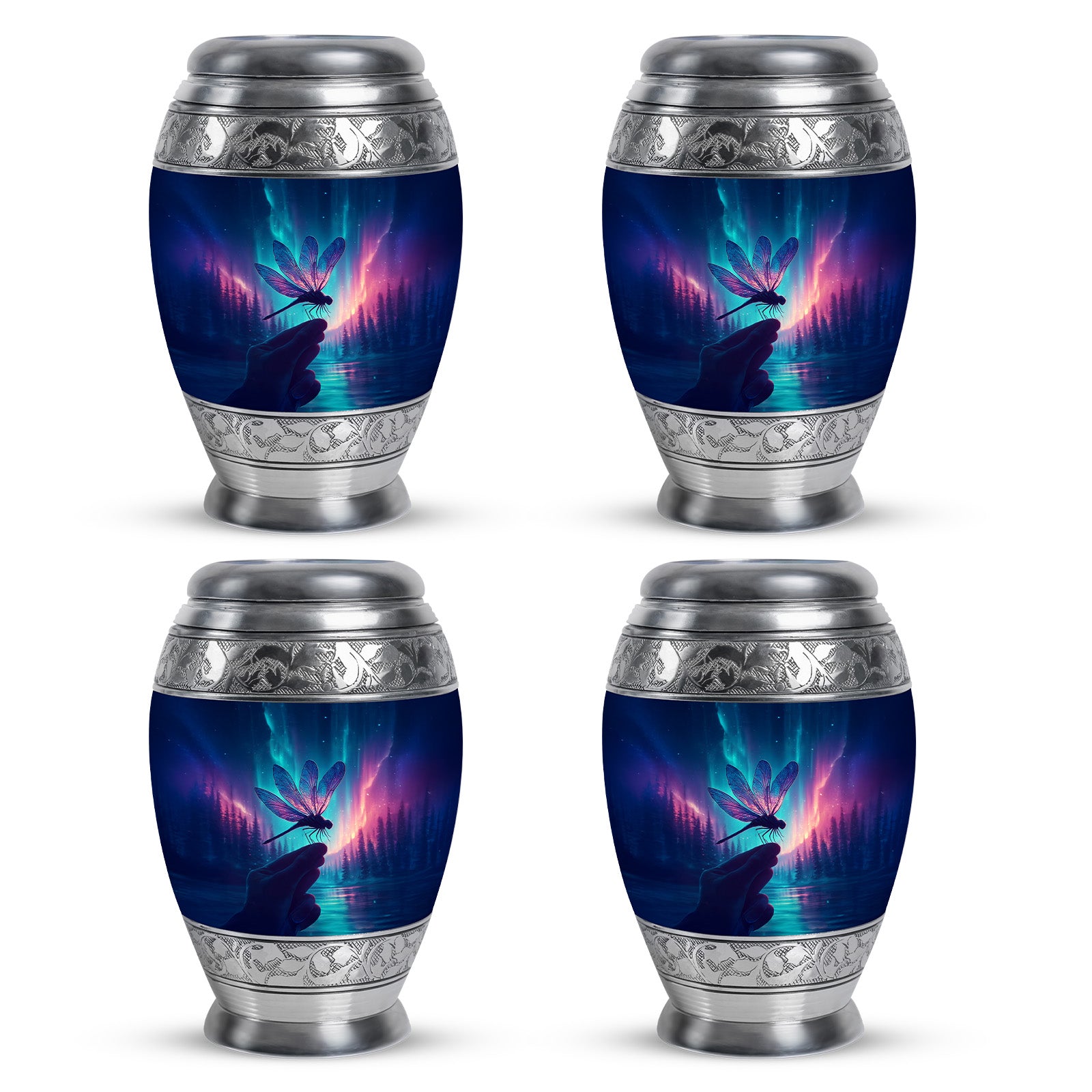 Sky Blue Dragonfly Cremation Urn urn with complimentary velvet bag - ornate monarch-style dragonfly relief on brushed aluminum - 10 inch aluminum urn for cremated remains