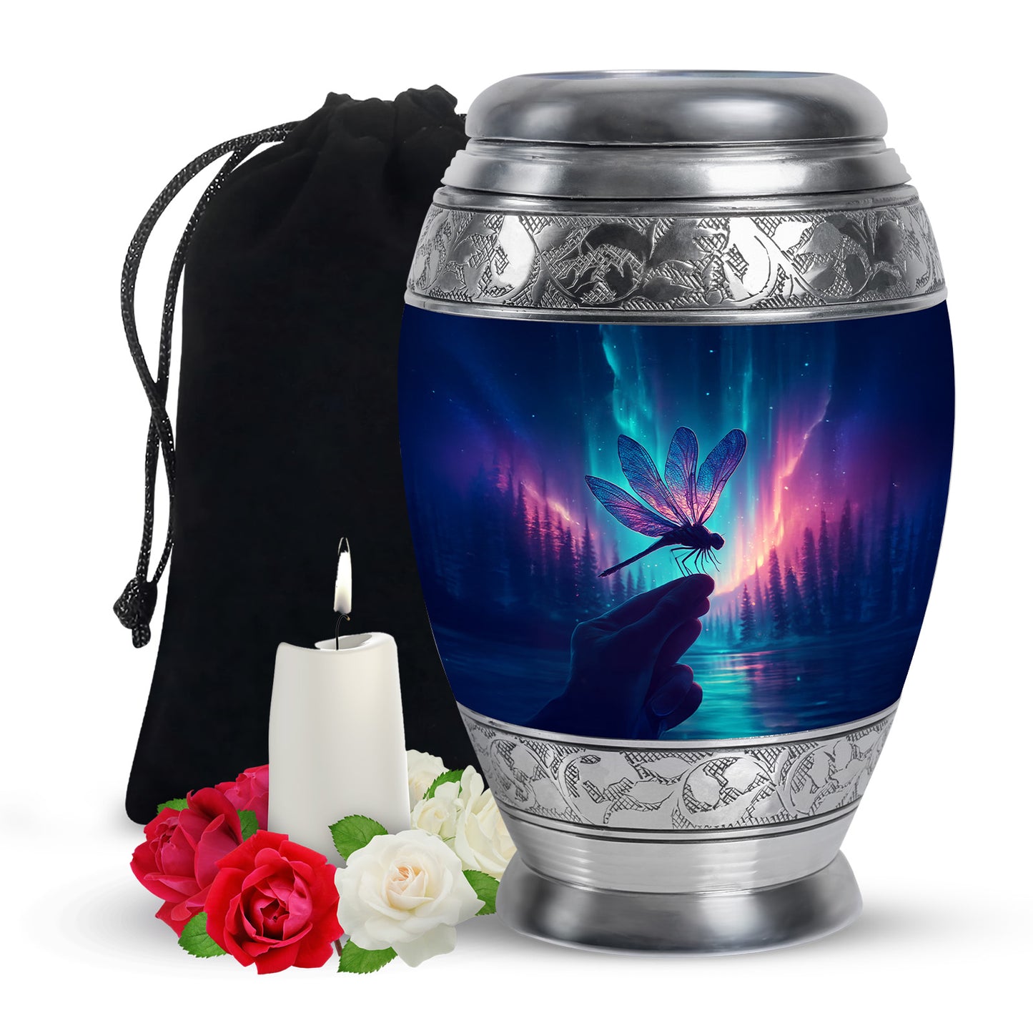 Cobalt Blue Dragonfly Cremation Urn back view with polished surface - majestic dragonfly pattern with filigree border - full-size 10 inch 200 cubic inch adult cremation urn