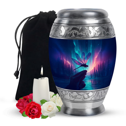 Cobalt Blue Dragonfly Cremation Urn back view with polished surface - majestic dragonfly pattern with filigree border - full-size 10 inch 200 cubic inch adult cremation urn