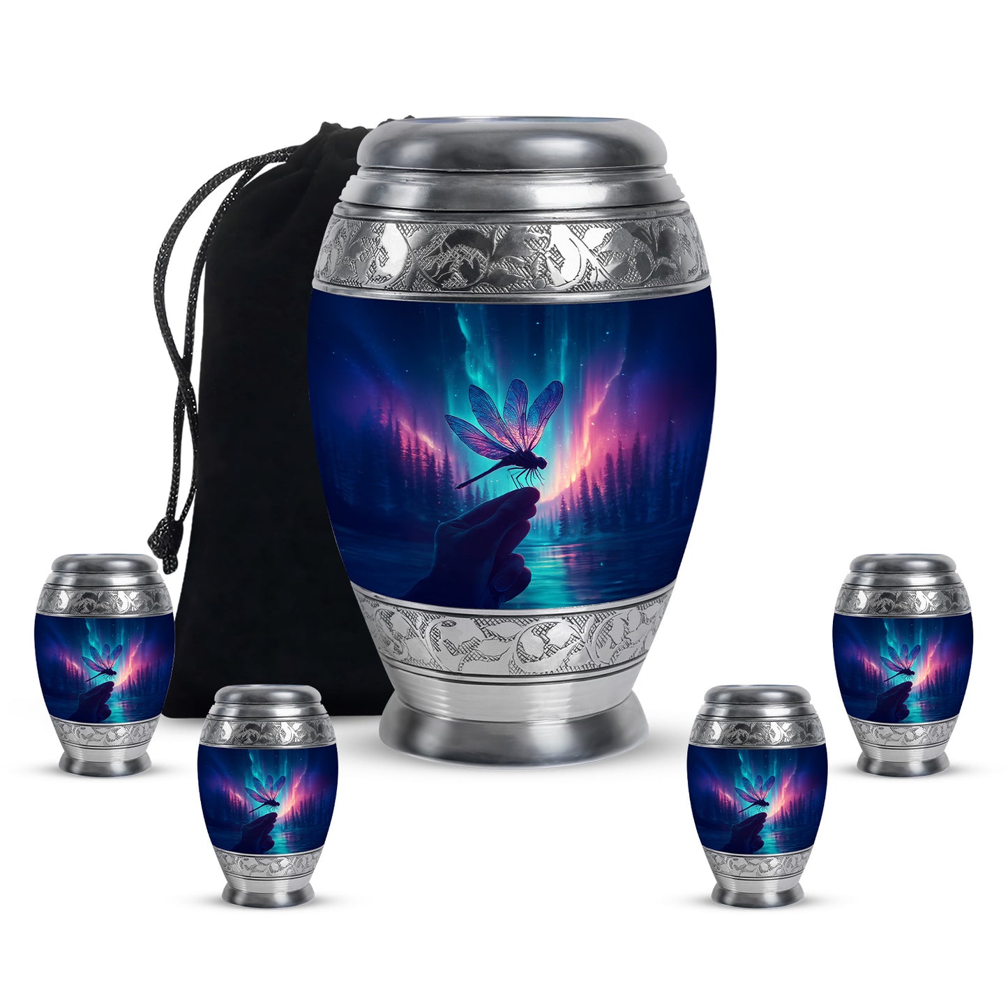 Sky Blue Dragonfly Cremation Urn detail view - regal dragonfly design with crown-inspired accents - memorial set with one large and four small urns