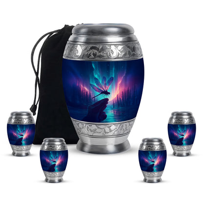 Sky Blue Dragonfly Cremation Urn detail view - regal dragonfly design with crown-inspired accents - memorial set with one large and four small urns