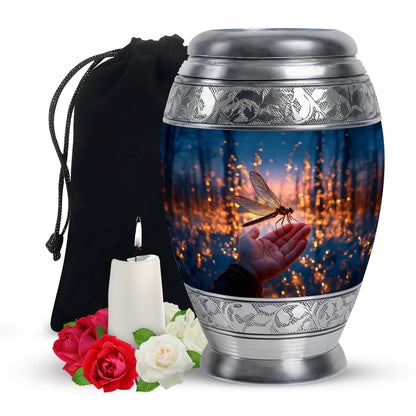 Celestial Blue Dragonfly Cremation Urn back view with polished surface - ornate monarch-style dragonfly relief on brushed aluminum - full-size 10 inch 200 cubic inch adult cremation urn