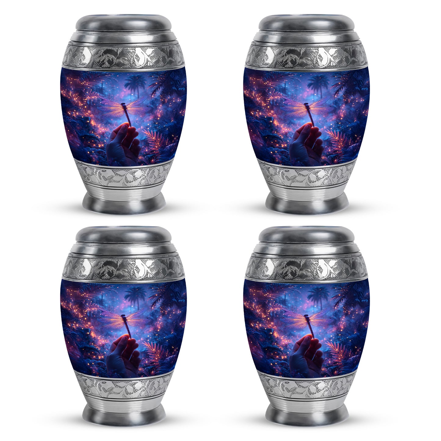 Dusty Blue Dragonfly Cremation Urn urn with complimentary velvet bag - ornate monarch-style dragonfly relief on brushed aluminum - 10 inch aluminum urn for cremated remains