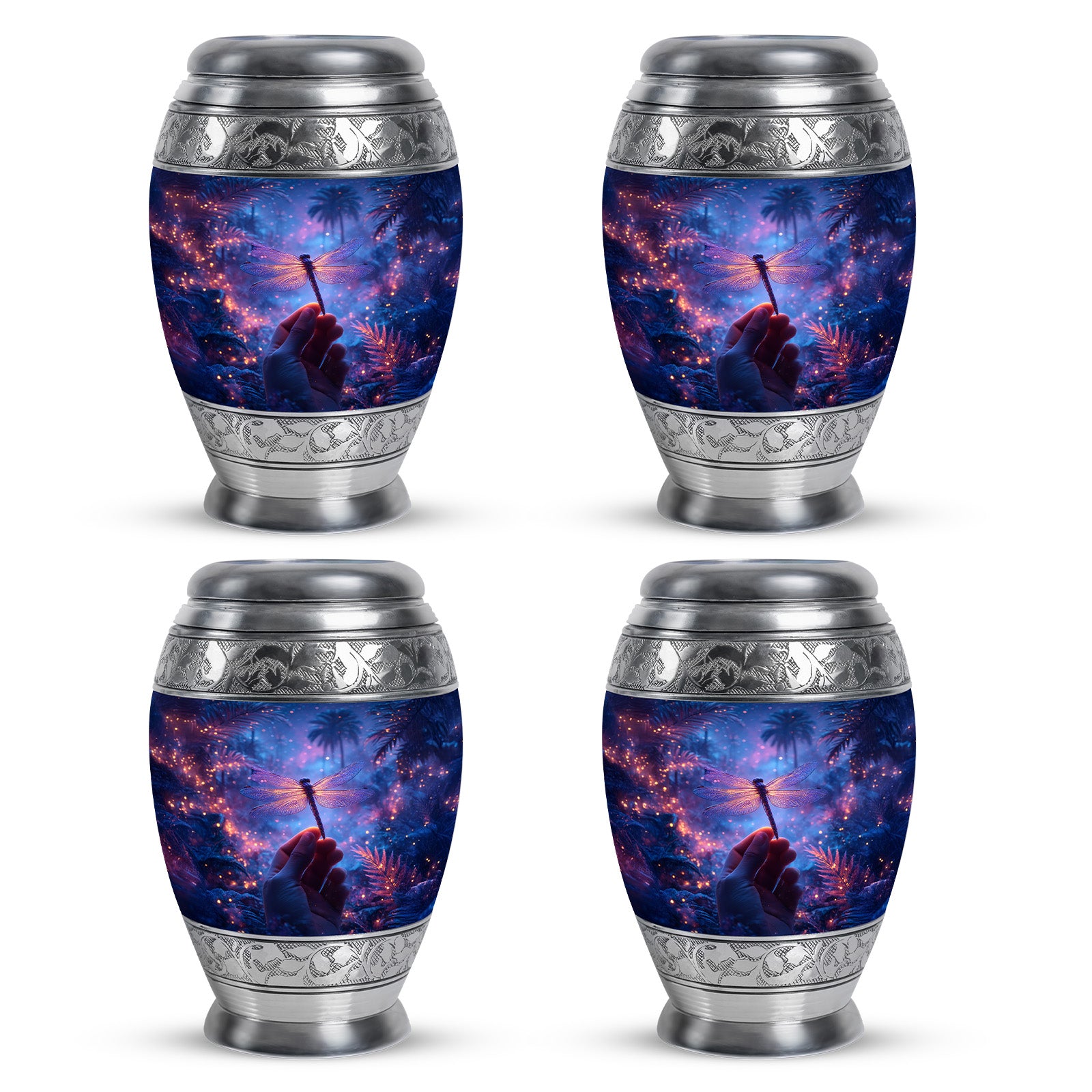 Dusty Blue Dragonfly Cremation Urn urn with complimentary velvet bag - ornate monarch-style dragonfly relief on brushed aluminum - 10 inch aluminum urn for cremated remains