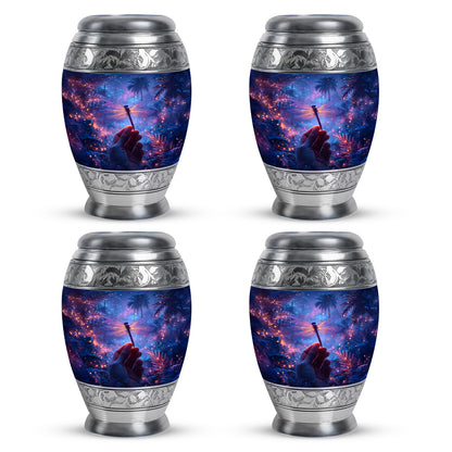 Dusty Blue Dragonfly Cremation Urn urn with complimentary velvet bag - ornate monarch-style dragonfly relief on brushed aluminum - 10 inch aluminum urn for cremated remains