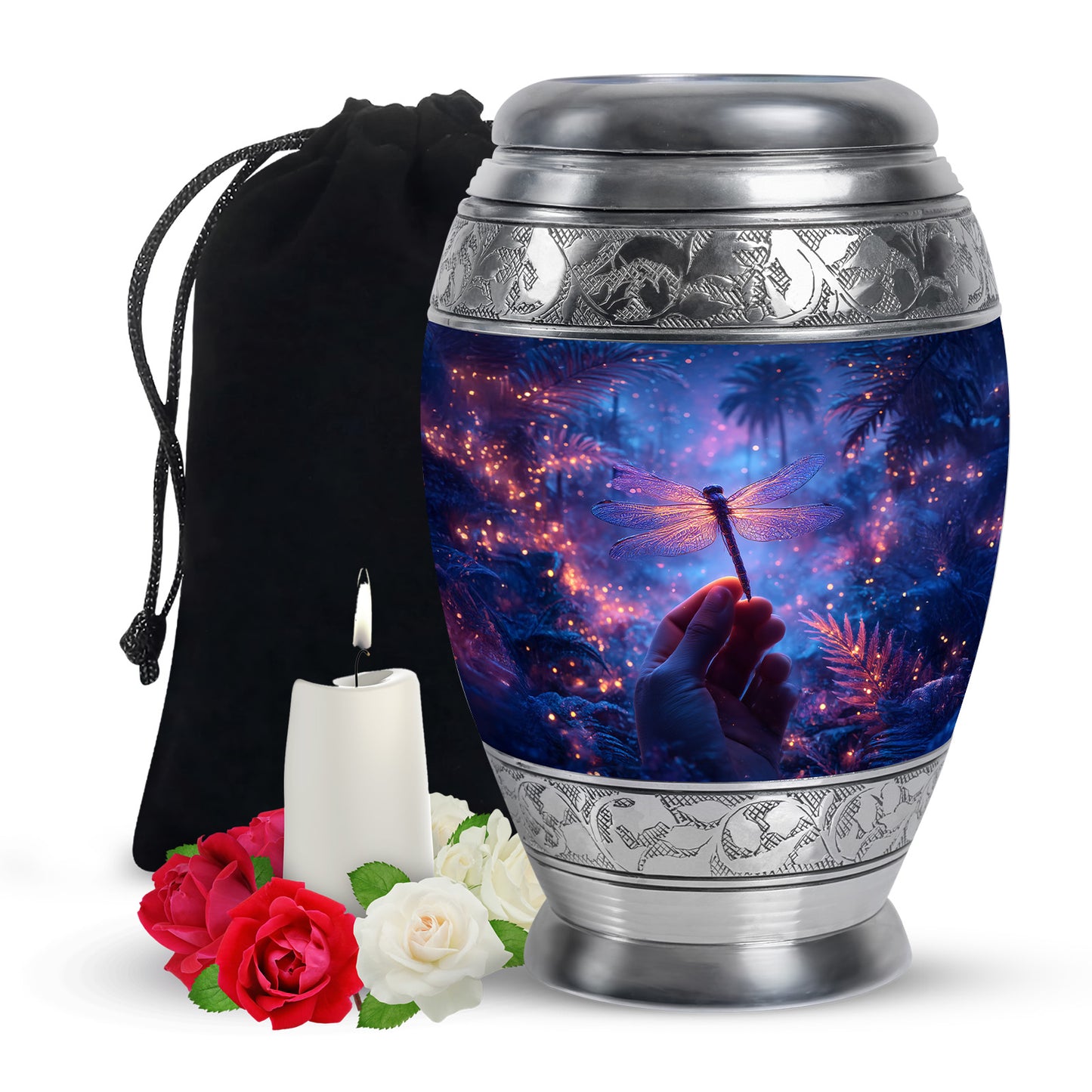 Cobalt Blue Dragonfly Cremation Urn back view with polished surface - royal dragonfly engraving with decorative scrollwork - full-size 10 inch 200 cubic inch adult cremation urn