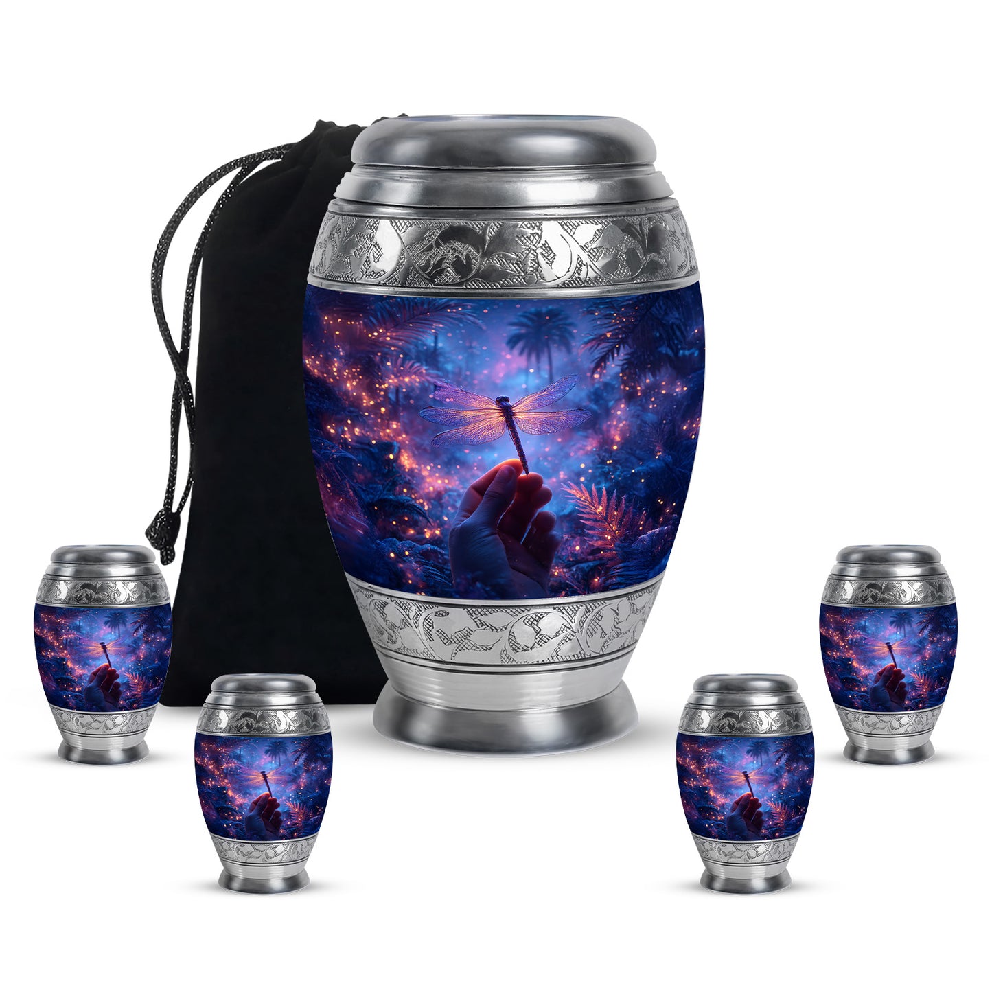 Indigo Dragonfly Cremation Urn detail view - regal dragonfly design with crown-inspired accents - memorial set with one large and four small urns