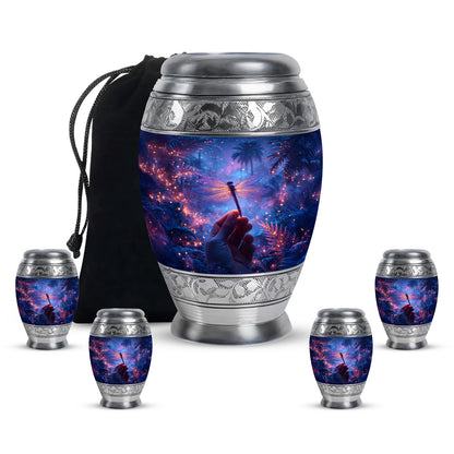 Indigo Dragonfly Cremation Urn detail view - regal dragonfly design with crown-inspired accents - memorial set with one large and four small urns