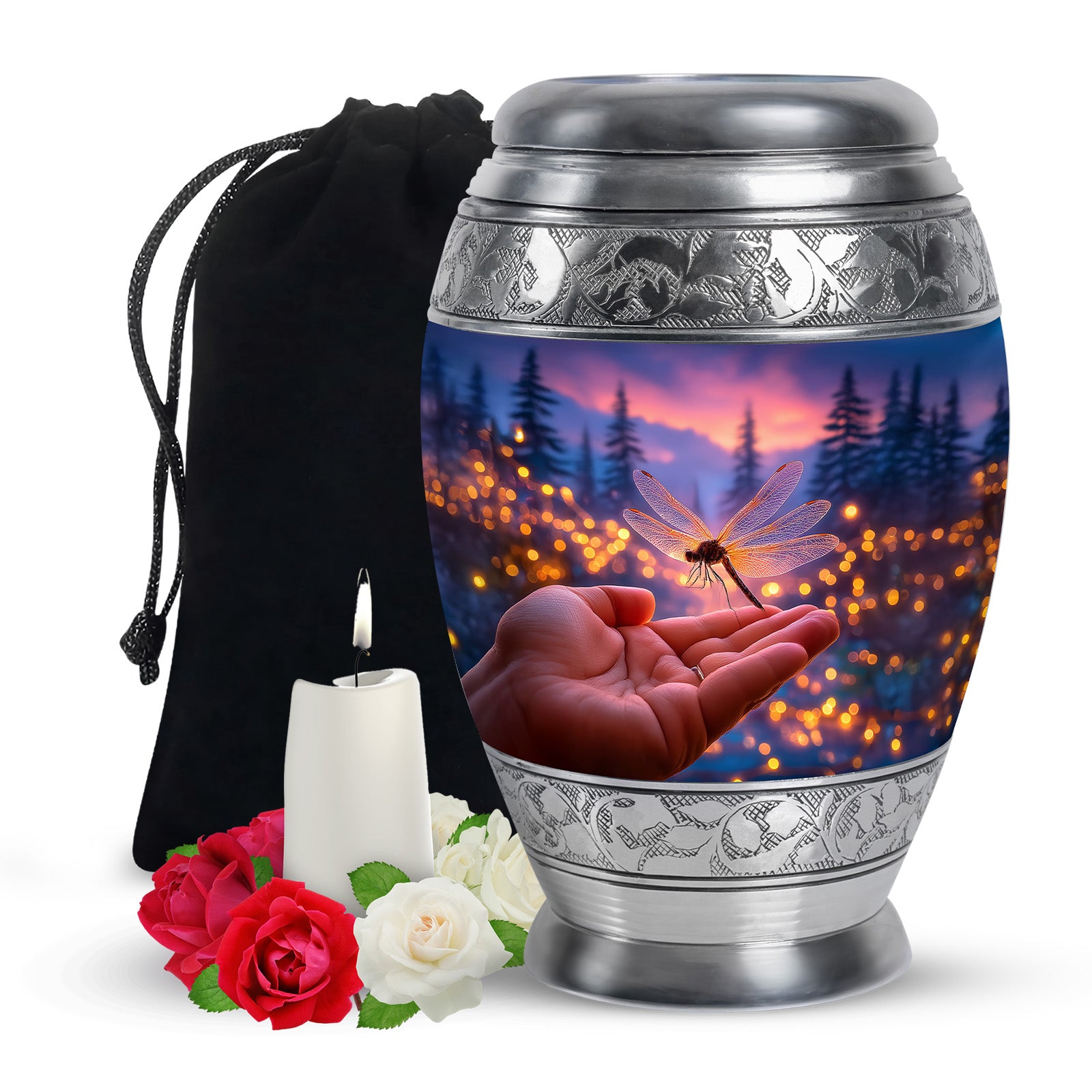 Dusty Blue Dragonfly Cremation Urn back view with polished surface - regal dragonfly design with crown-inspired accents - full-size 10 inch 200 cubic inch adult cremation urn
