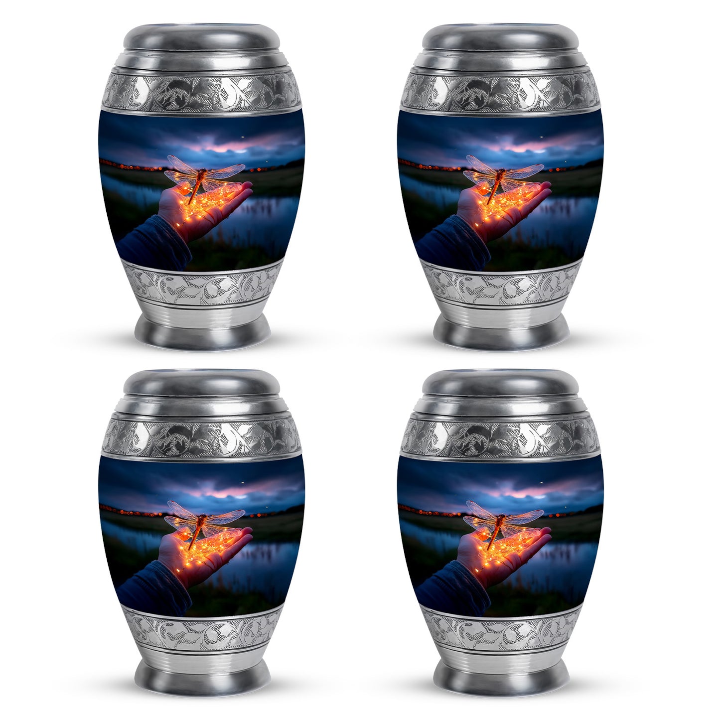 Pastel Blue Dragonfly Cremation Urn urn with complimentary velvet bag - regal dragonfly design with crown-inspired accents - 10 inch aluminum urn for cremated remains