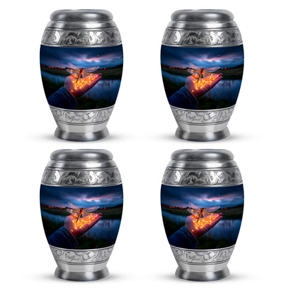 Pastel Blue Dragonfly Cremation Urn urn with complimentary velvet bag - regal dragonfly design with crown-inspired accents - 10 inch aluminum urn for cremated remains