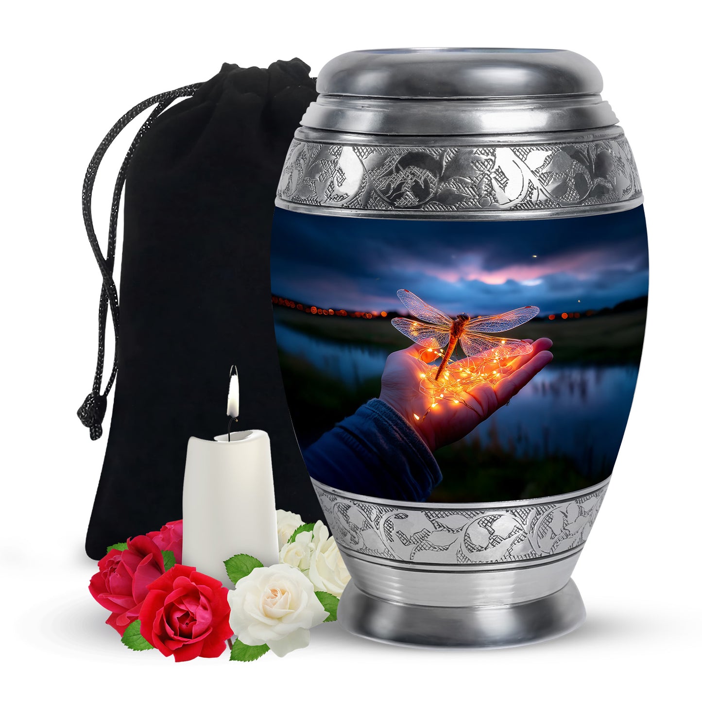 Slate Blue Dragonfly Cremation Urn back view with polished surface - ornate monarch-style dragonfly relief on brushed aluminum - full-size 10 inch 200 cubic inch adult cremation urn