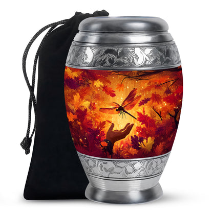 Matte Gold Dragonfly Cremation Urn back view with polished surface - royal dragonfly engraving with decorative scrollwork - full-size 10 inch 200 cubic inch adult cremation urn