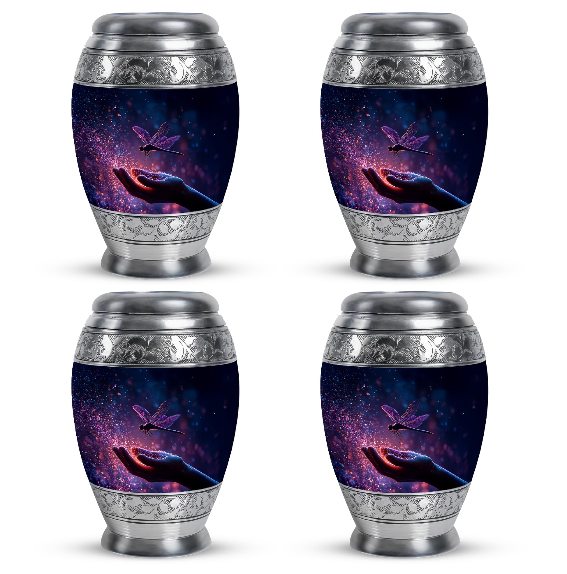 Vivid Blue Dragonfly Cremation Urn urn with complimentary velvet bag - majestic dragonfly pattern with filigree border - 10 inch aluminum urn for cremated remains