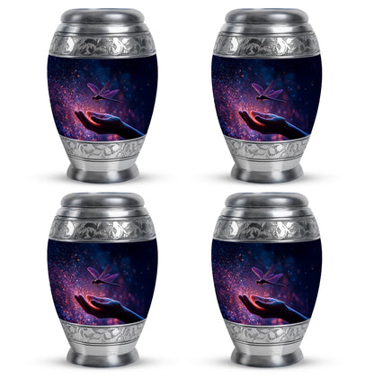 Vivid Blue Dragonfly Cremation Urn urn with complimentary velvet bag - majestic dragonfly pattern with filigree border - 10 inch aluminum urn for cremated remains
