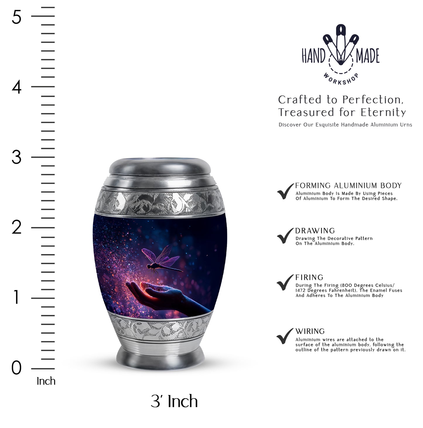 Sky Blue Dragonfly Cremation Urn lifestyle display on memorial shelf - ornate monarch-style dragonfly relief on brushed aluminum - mini keepsake memorial for portion of cremation ashes
