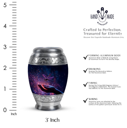 Sky Blue Dragonfly Cremation Urn lifestyle display on memorial shelf - ornate monarch-style dragonfly relief on brushed aluminum - mini keepsake memorial for portion of cremation ashes