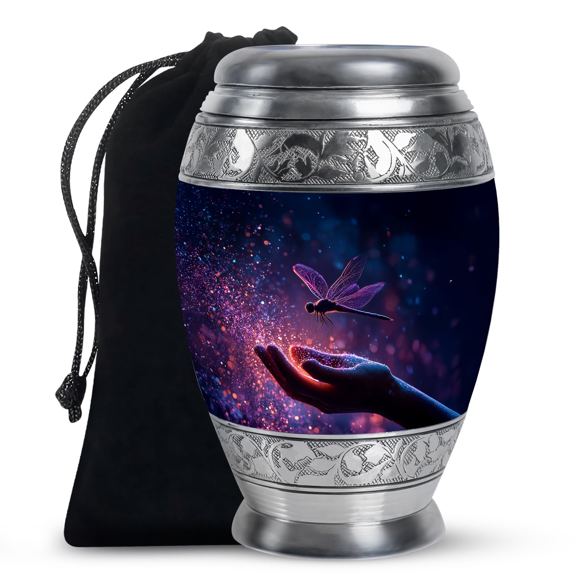 Serene Blue Dragonfly Cremation Urn back view with polished surface - royal dragonfly engraving with decorative scrollwork - full-size 10 inch 200 cubic inch adult cremation urn