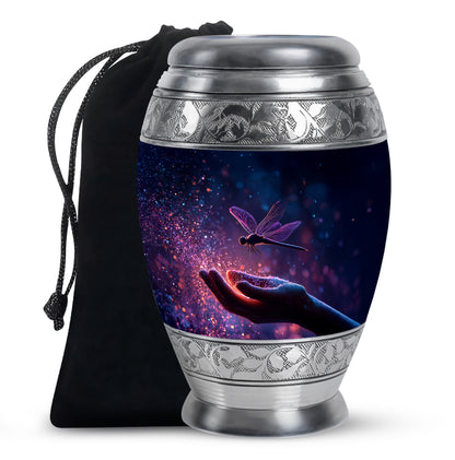 Serene Blue Dragonfly Cremation Urn back view with polished surface - royal dragonfly engraving with decorative scrollwork - full-size 10 inch 200 cubic inch adult cremation urn