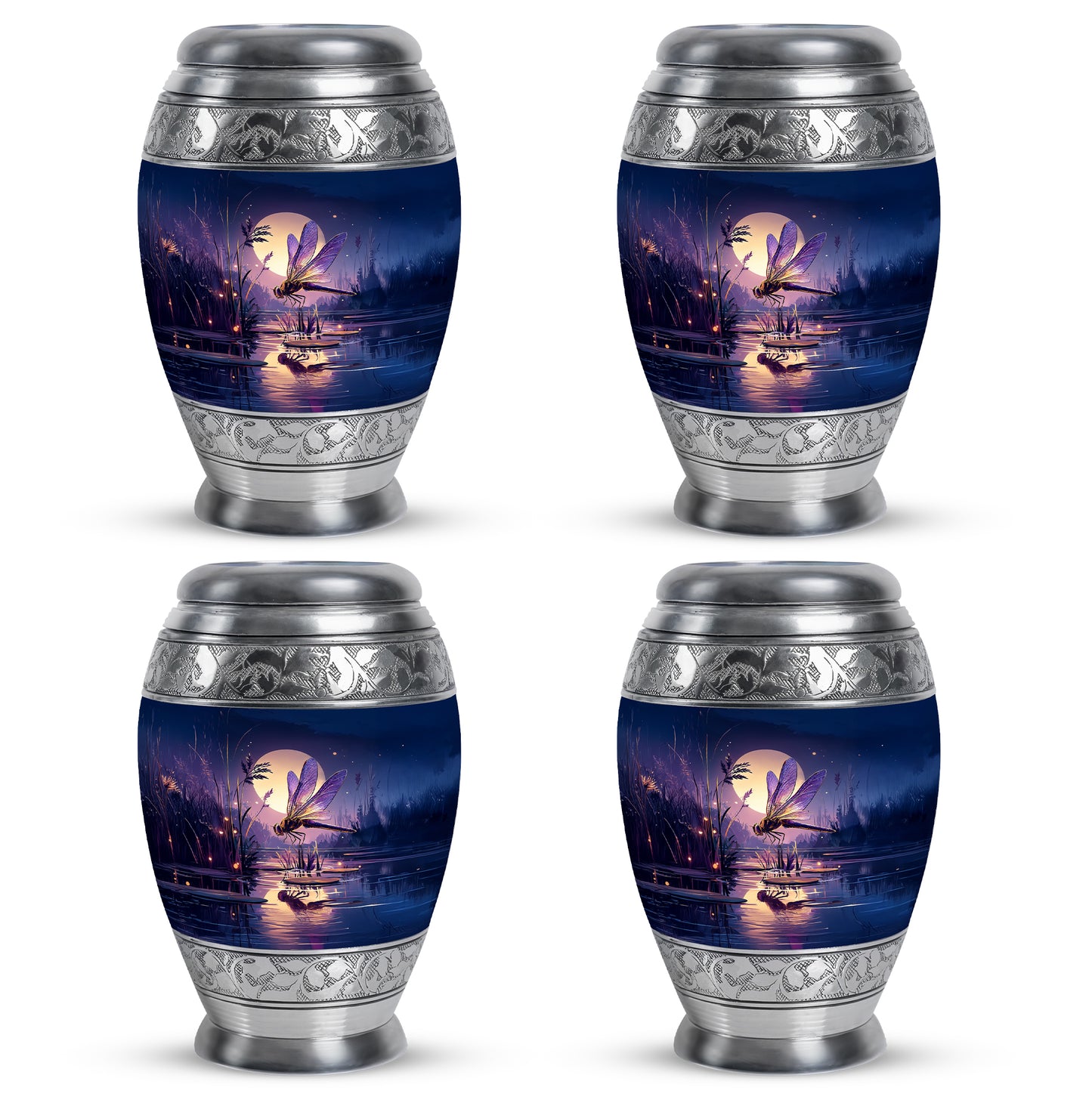 Cornflower Blue Dragonfly Cremation Urn urn with complimentary velvet bag - royal dragonfly engraving with decorative scrollwork - 10 inch aluminum urn for cremated remains