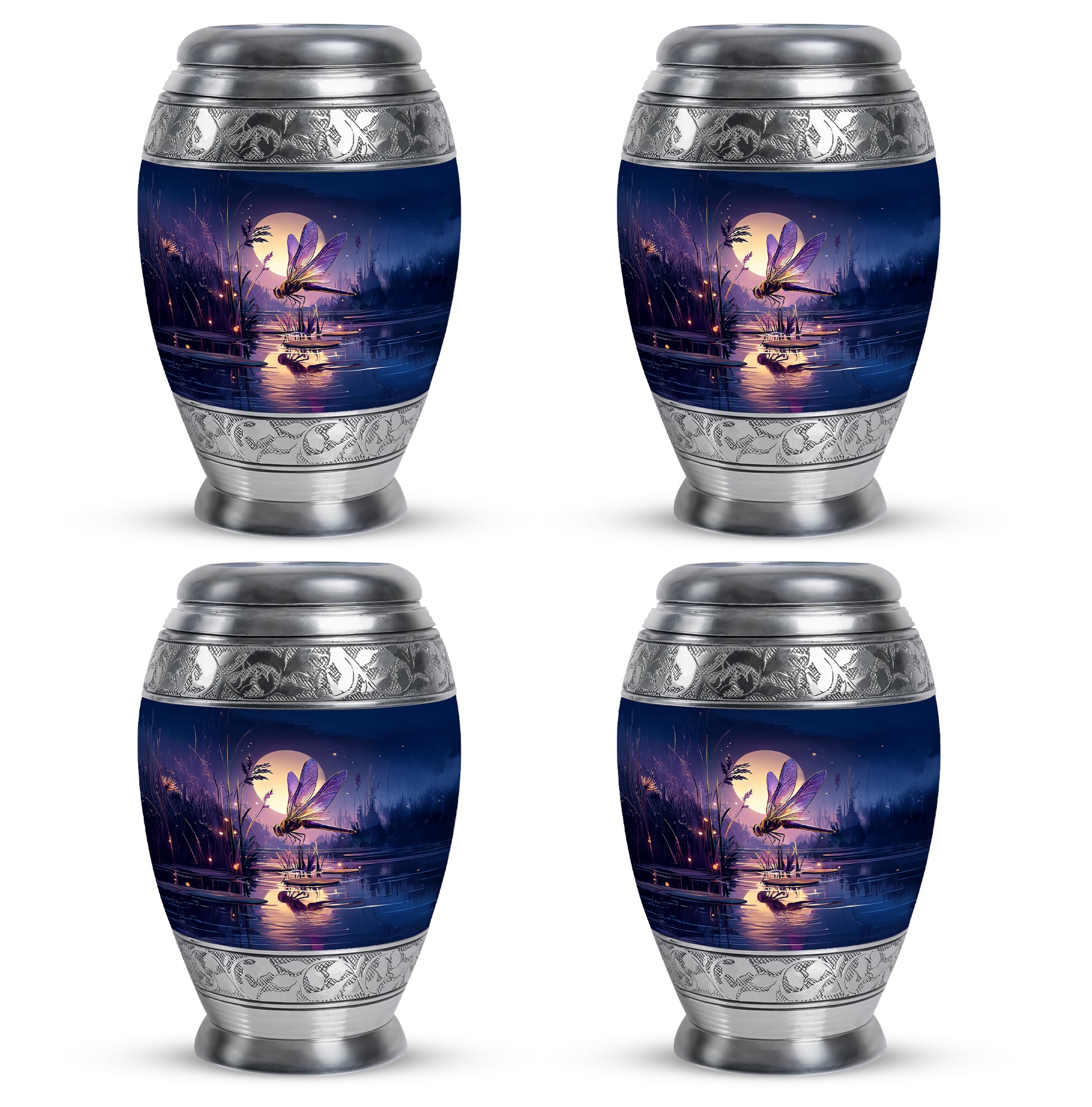 Cornflower Blue Dragonfly Cremation Urn urn with complimentary velvet bag - royal dragonfly engraving with decorative scrollwork - 10 inch aluminum urn for cremated remains