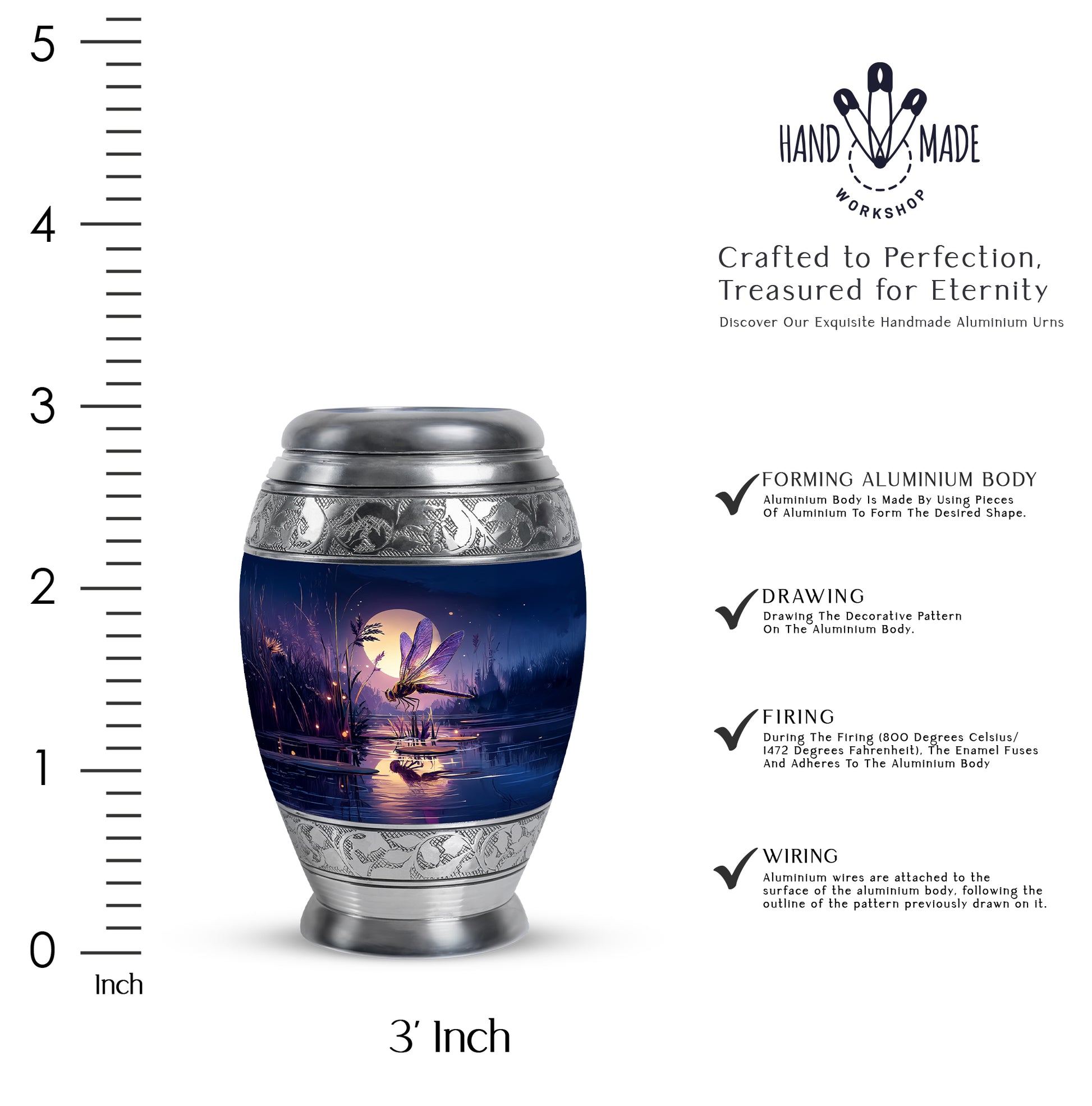 Vivid Blue Dragonfly Cremation Urn lifestyle display on memorial shelf - royal dragonfly engraving with decorative scrollwork - mini keepsake memorial for portion of cremation ashes