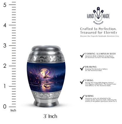 Vivid Blue Dragonfly Cremation Urn lifestyle display on memorial shelf - royal dragonfly engraving with decorative scrollwork - mini keepsake memorial for portion of cremation ashes