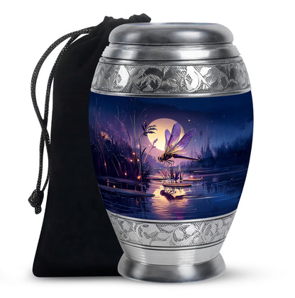 Indigo Dragonfly Cremation Urn back view with polished surface - regal dragonfly design with crown-inspired accents - full-size 10 inch 200 cubic inch adult cremation urn