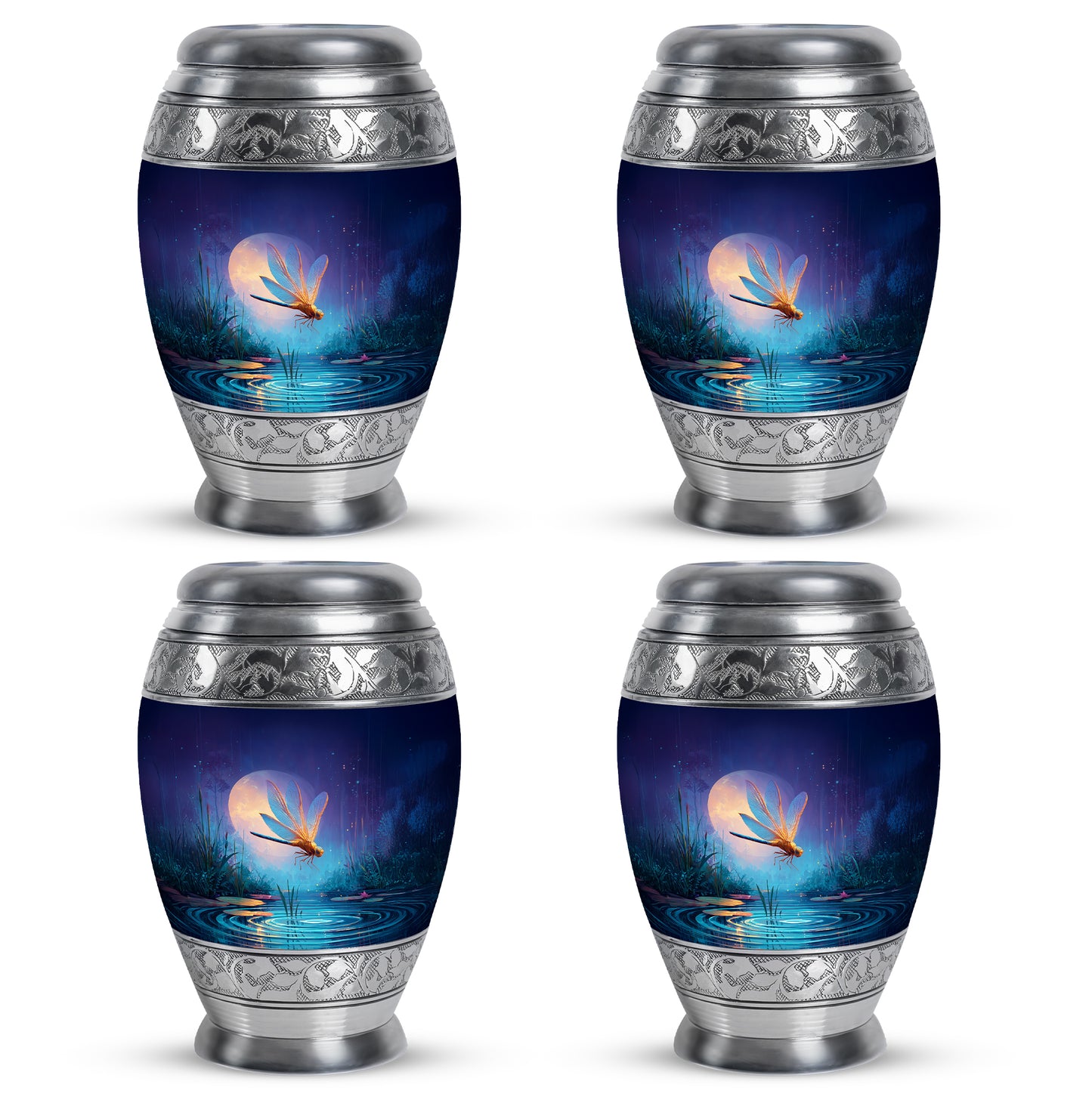 Navy Blue Dragonfly Cremation Urn urn with complimentary velvet bag - regal dragonfly design with crown-inspired accents - 10 inch aluminum urn for cremated remains