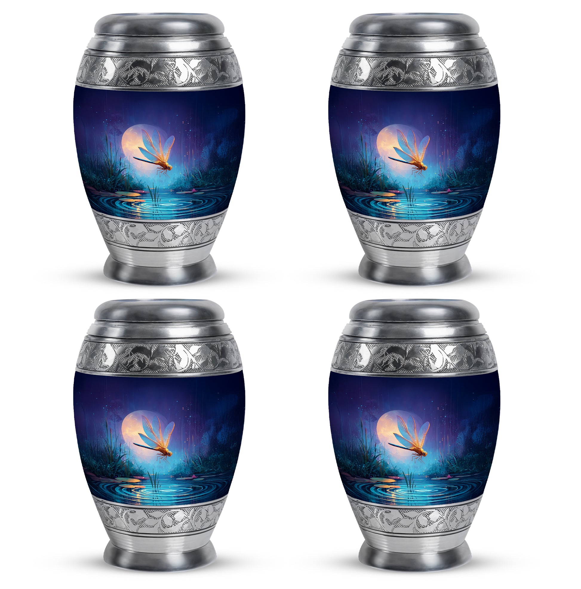 Navy Blue Dragonfly Cremation Urn urn with complimentary velvet bag - regal dragonfly design with crown-inspired accents - 10 inch aluminum urn for cremated remains