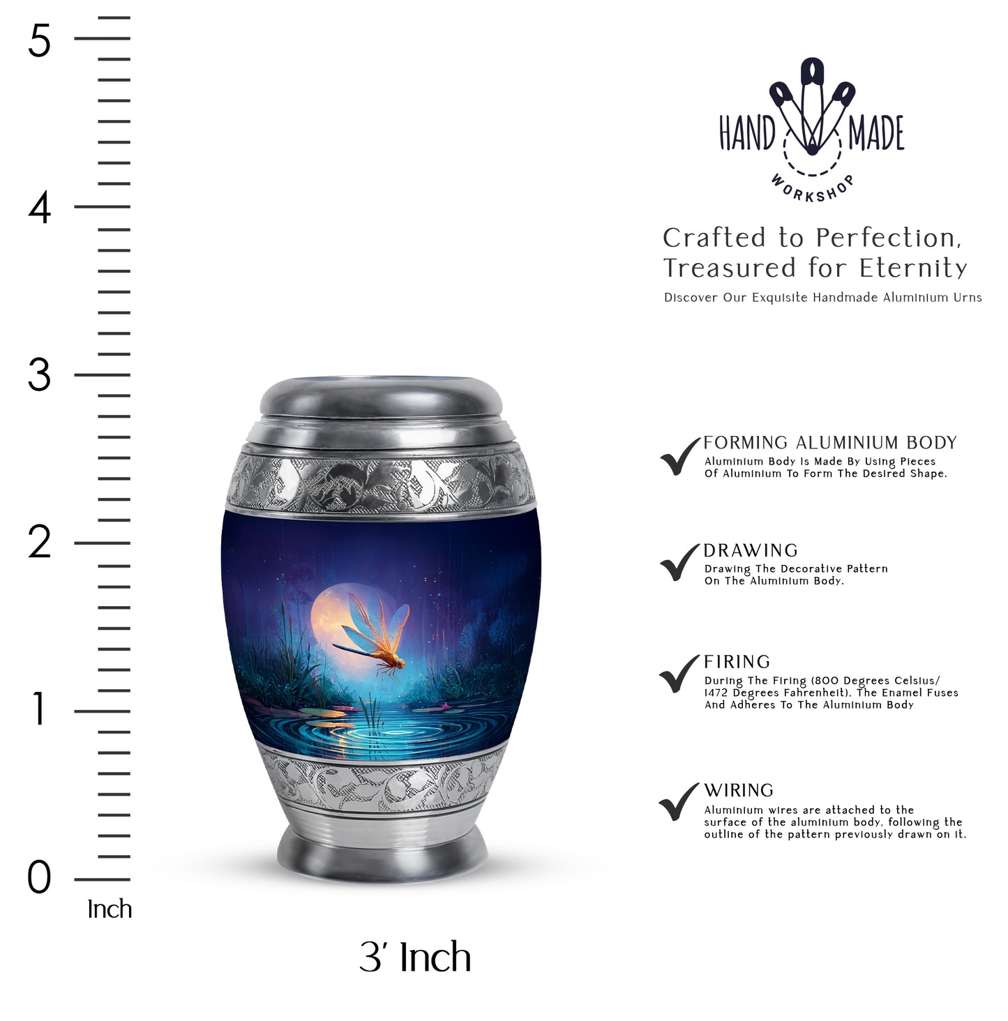 Calming Blue Dragonfly Cremation Urn lifestyle display on memorial shelf - royal dragonfly engraving with decorative scrollwork - mini keepsake memorial for portion of cremation ashes