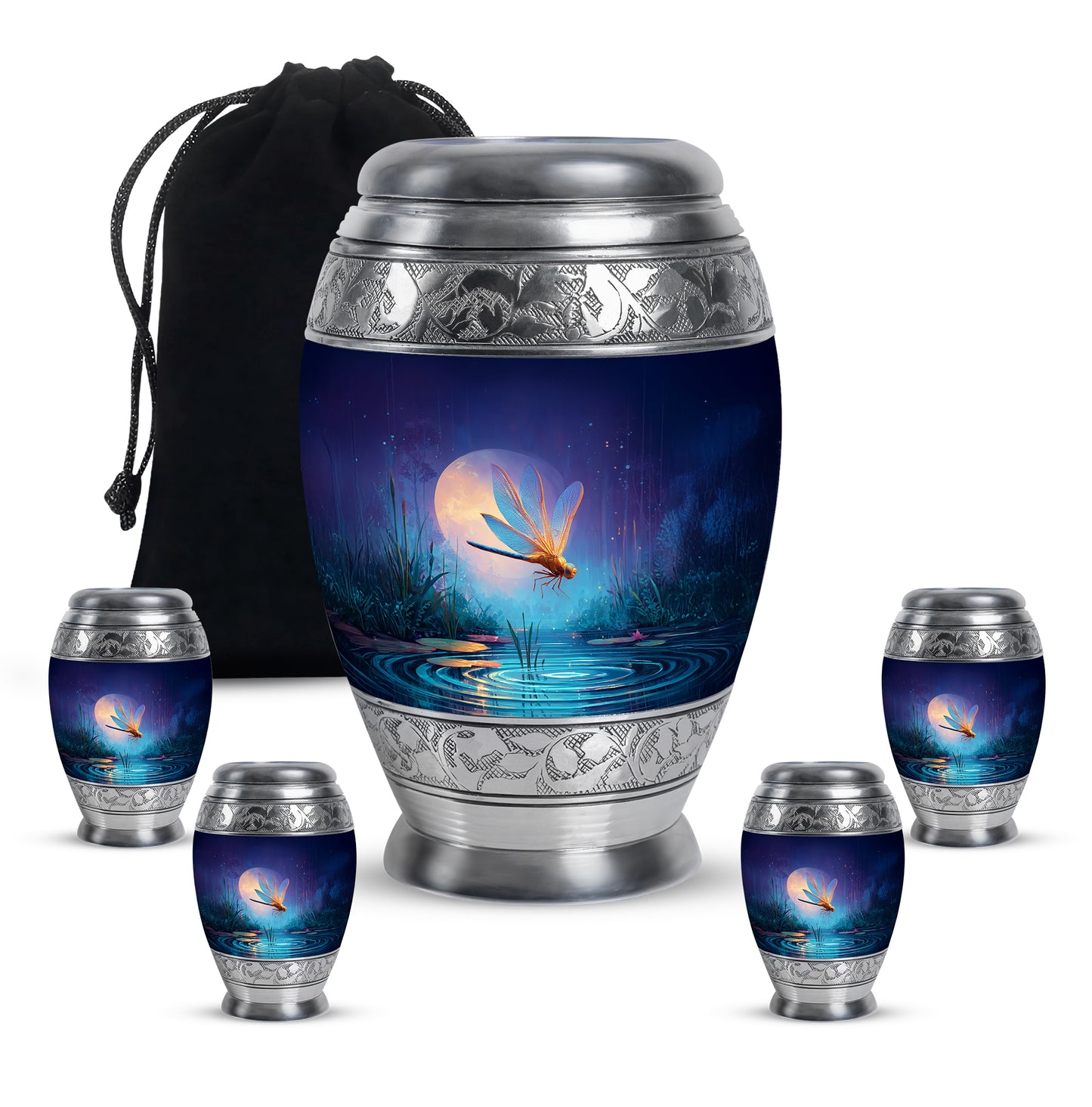 Sky Blue Dragonfly Cremation Urn detail view - ornate monarch-style dragonfly relief on brushed aluminum - memorial set with one large and four small urns