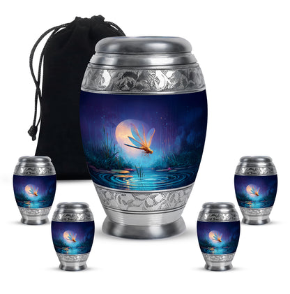 Sky Blue Dragonfly Cremation Urn detail view - ornate monarch-style dragonfly relief on brushed aluminum - memorial set with one large and four small urns