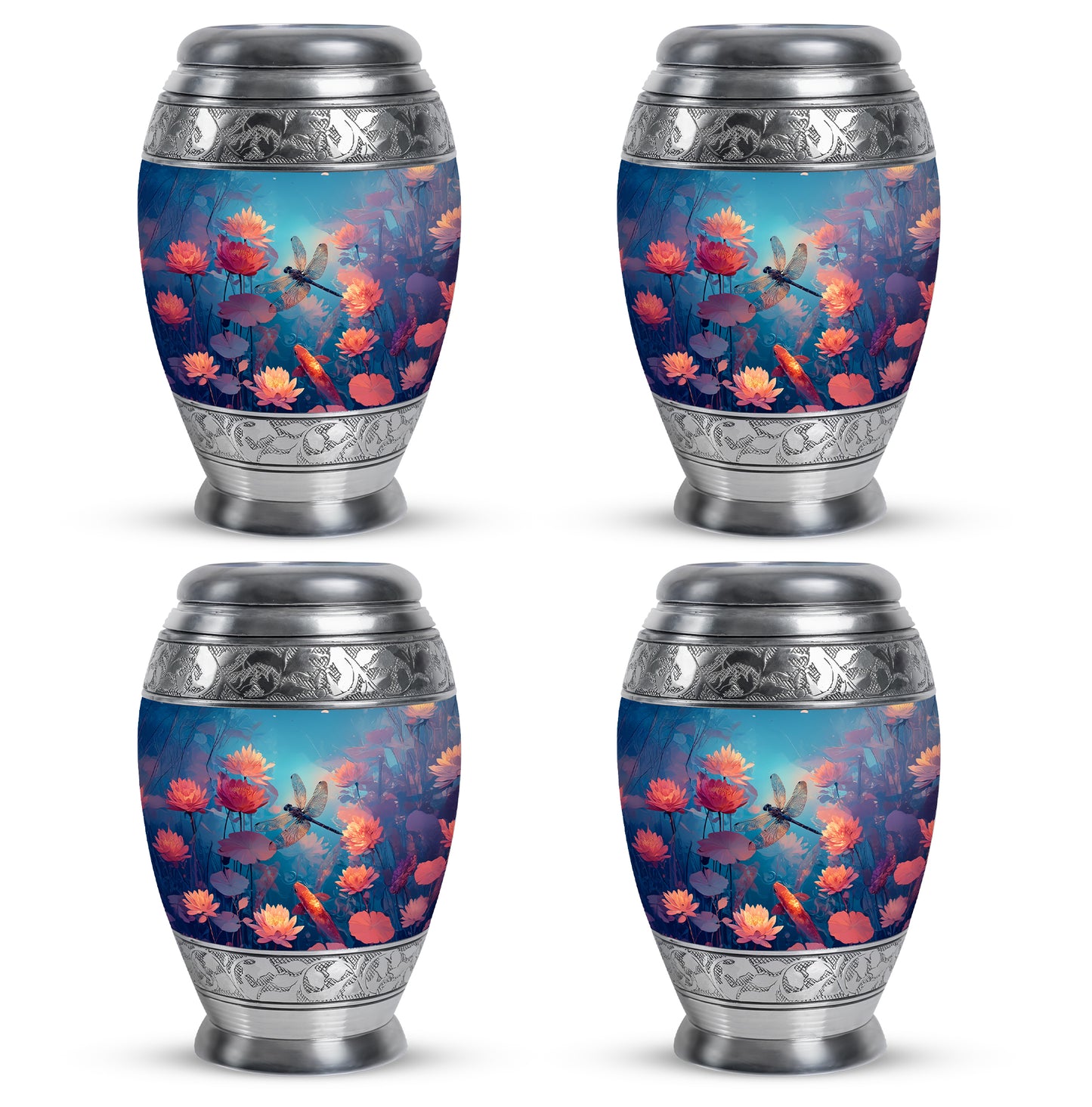 Cool Teal Dragonfly Cremation Urn urn with complimentary velvet bag - regal dragonfly design with crown-inspired accents - 10 inch aluminum urn for cremated remains