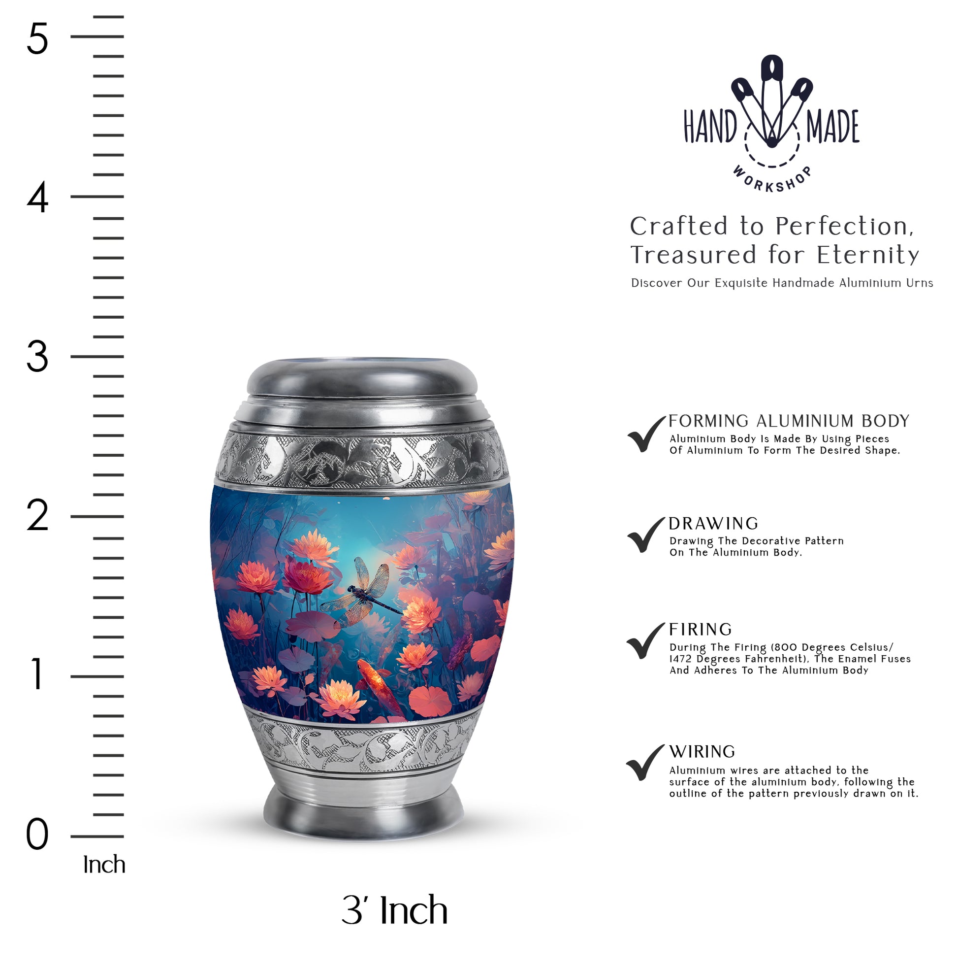 Aqua Teal Dragonfly Cremation Urn lifestyle display on memorial shelf - royal dragonfly engraving with decorative scrollwork - mini keepsake memorial for portion of cremation ashes