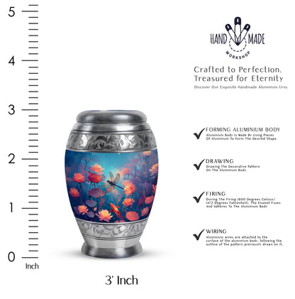 Aqua Teal Dragonfly Cremation Urn lifestyle display on memorial shelf - royal dragonfly engraving with decorative scrollwork - mini keepsake memorial for portion of cremation ashes