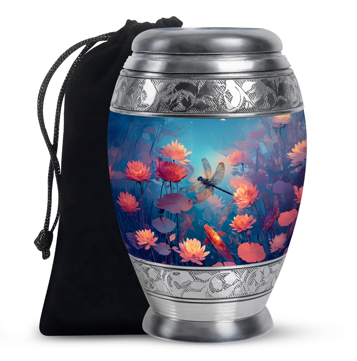 Sea Green Teal Dragonfly Cremation Urn back view with polished surface - ornate monarch-style dragonfly relief on brushed aluminum - full-size 10 inch 200 cubic inch adult cremation urn