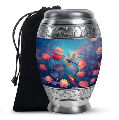 Sea Green Teal Dragonfly Cremation Urn back view with polished surface - ornate monarch-style dragonfly relief on brushed aluminum - full-size 10 inch 200 cubic inch adult cremation urn