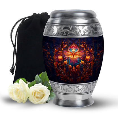 Vivid Blue Dragonfly Cremation Urn back view with polished surface - royal dragonfly engraving with decorative scrollwork - full-size 10 inch 200 cubic inch adult cremation urn