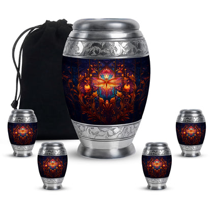 Celestial Blue Dragonfly Cremation Urn detail view - ornate monarch-style dragonfly relief on brushed aluminum - memorial set with one large and four small urns