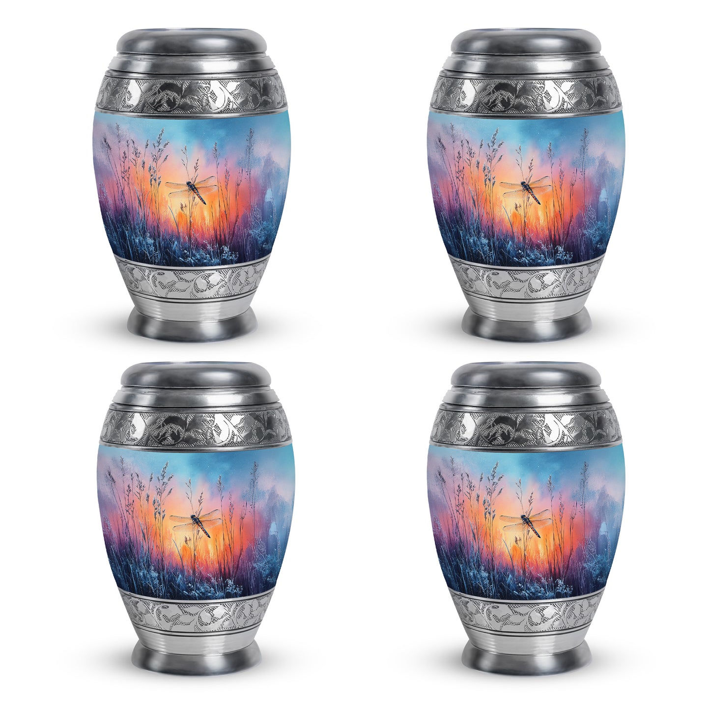 Cornflower Blue Dragonfly Cremation Urn urn with complimentary velvet bag - majestic dragonfly pattern with filigree border - 10 inch aluminum urn for cremated remains