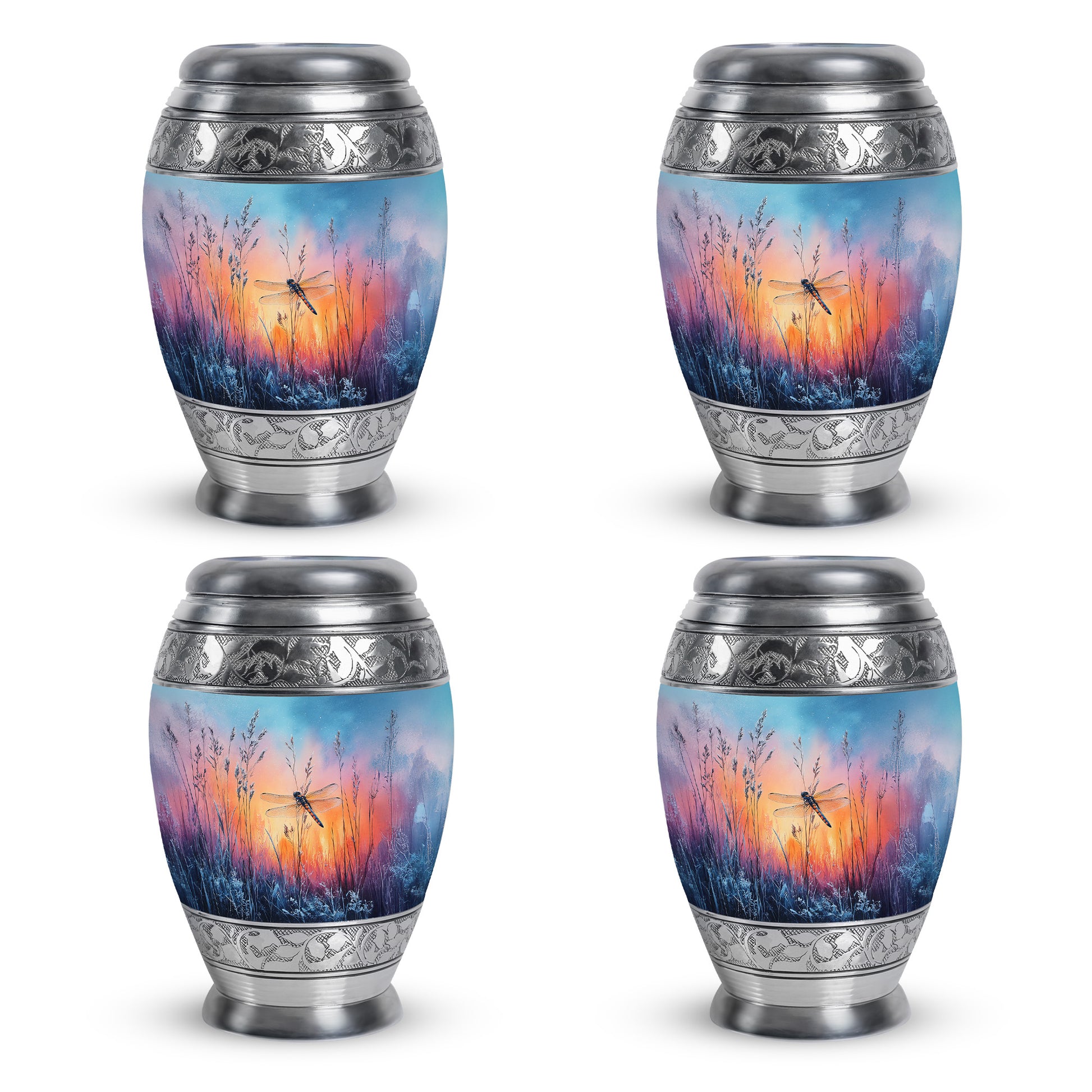 Cornflower Blue Dragonfly Cremation Urn urn with complimentary velvet bag - majestic dragonfly pattern with filigree border - 10 inch aluminum urn for cremated remains