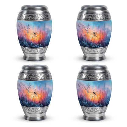 Cornflower Blue Dragonfly Cremation Urn urn with complimentary velvet bag - majestic dragonfly pattern with filigree border - 10 inch aluminum urn for cremated remains
