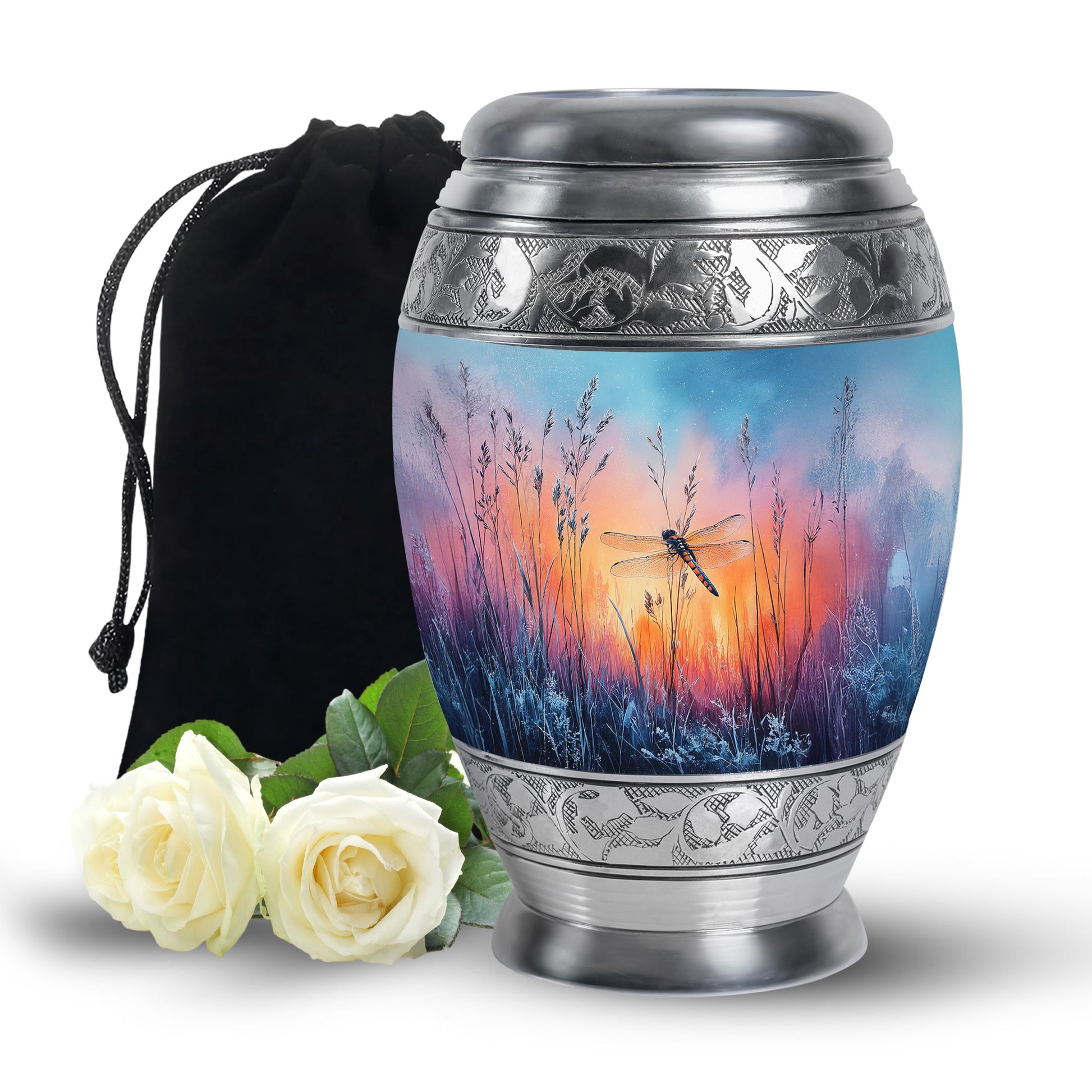 Twilight Blue Dragonfly Cremation Urn back view with polished surface - royal dragonfly engraving with decorative scrollwork - full-size 10 inch 200 cubic inch adult cremation urn