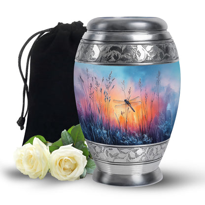 Twilight Blue Dragonfly Cremation Urn back view with polished surface - royal dragonfly engraving with decorative scrollwork - full-size 10 inch 200 cubic inch adult cremation urn