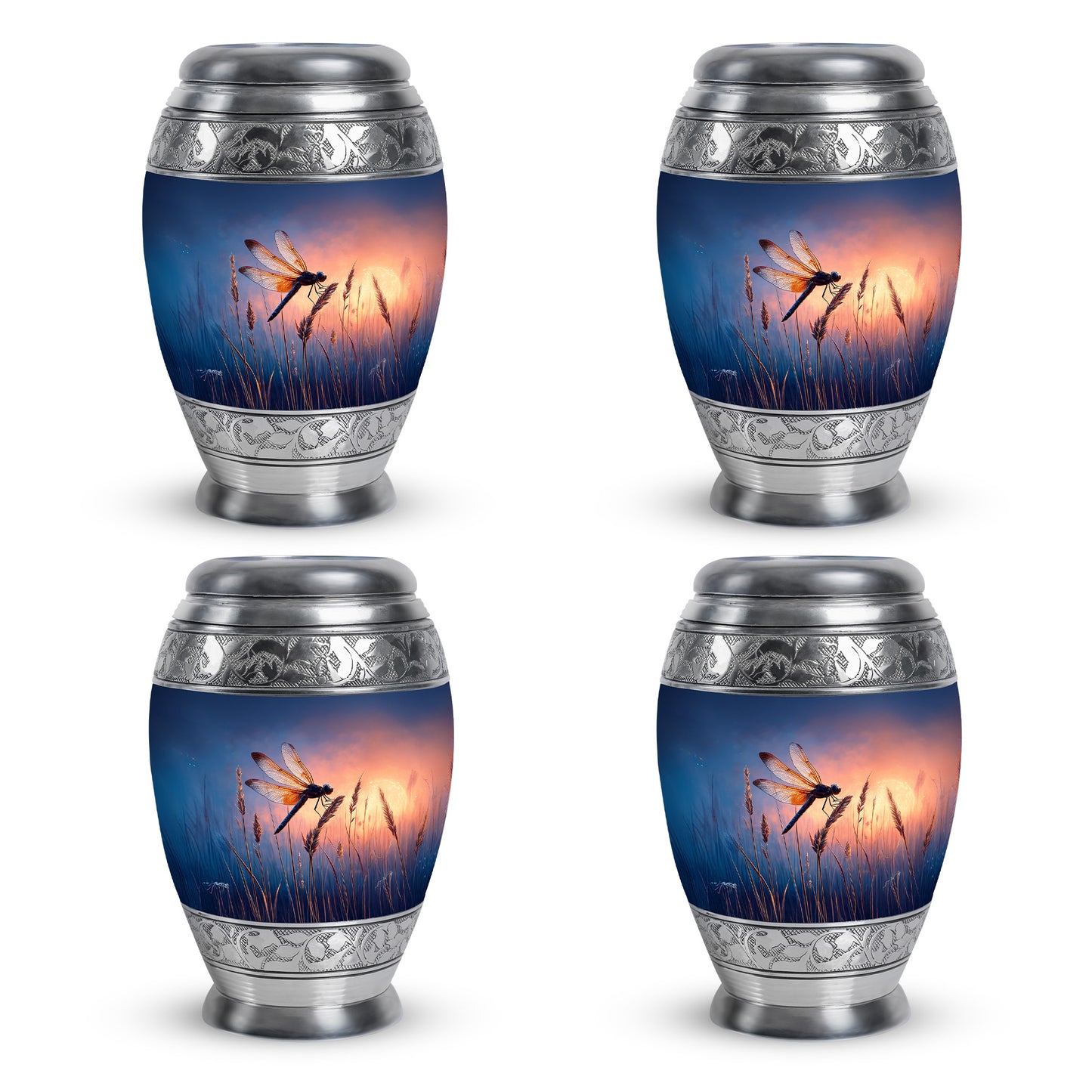 Bright Blue Dragonfly Cremation Urn urn with complimentary velvet bag - majestic dragonfly pattern with filigree border - 10 inch aluminum urn for cremated remains