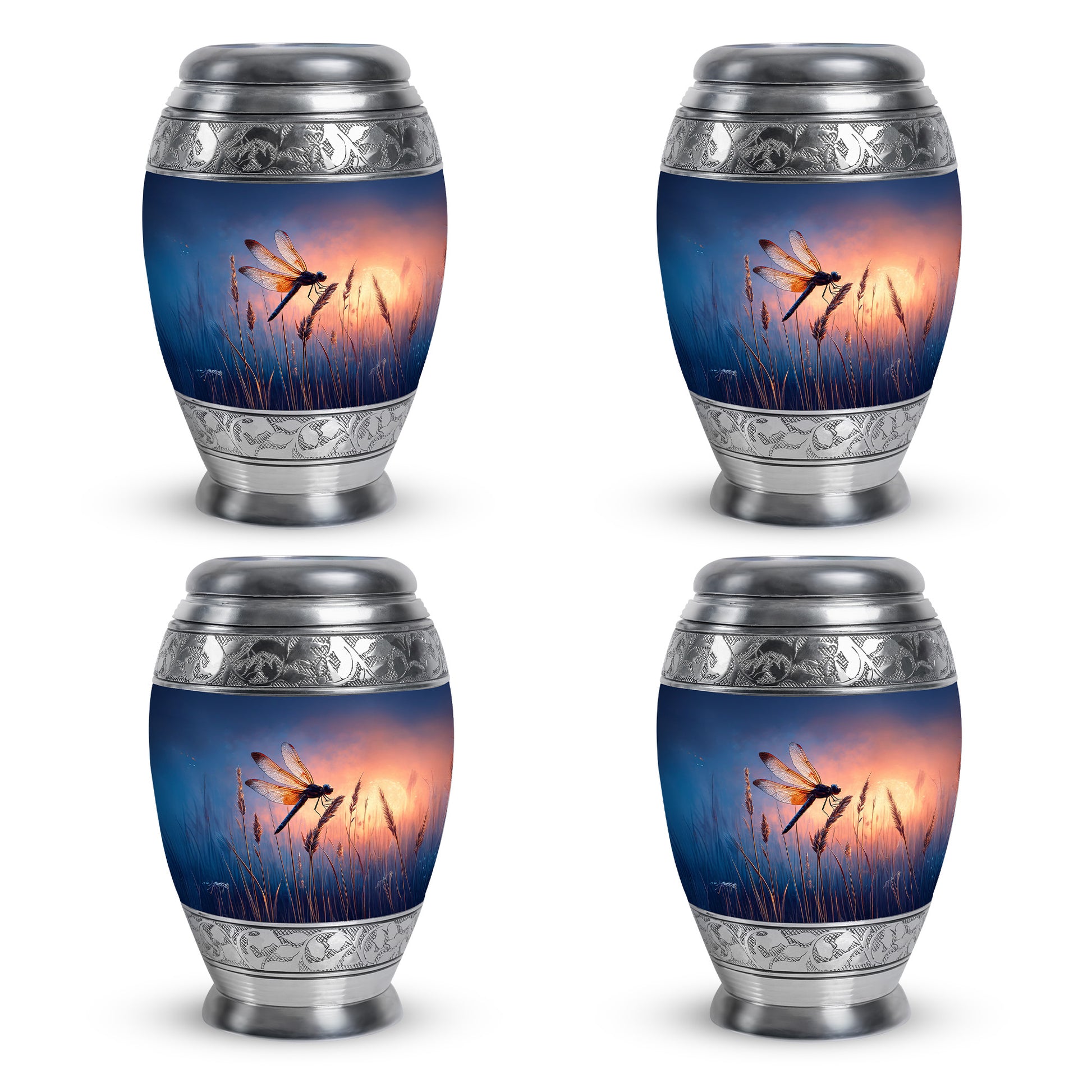 Bright Blue Dragonfly Cremation Urn urn with complimentary velvet bag - majestic dragonfly pattern with filigree border - 10 inch aluminum urn for cremated remains